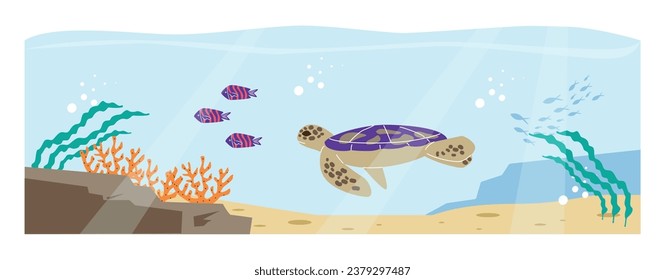 El paisaje submarino de dibujos animados con tortugas y peces, algas marinas, corales y arrecifes. Mundo acuático, fauna marina y fauna. Ilustración de los vectores de fondo plano o de fauna silvestre profunda marina