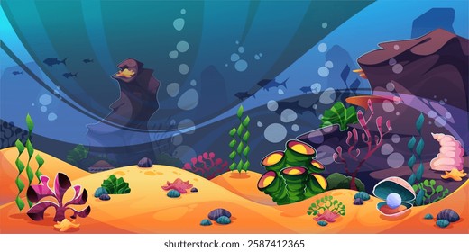 Cartoon underwater landscape. Vector subaqueous environment with boulders, algae and mollusks, schools of fish and coral reefs. Seafloor flora and fauna, oceanic and aquatic decorations