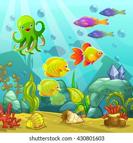 Cartoon Underwater Landscape, Vector Undersea Illustration, Funny Aquarium 