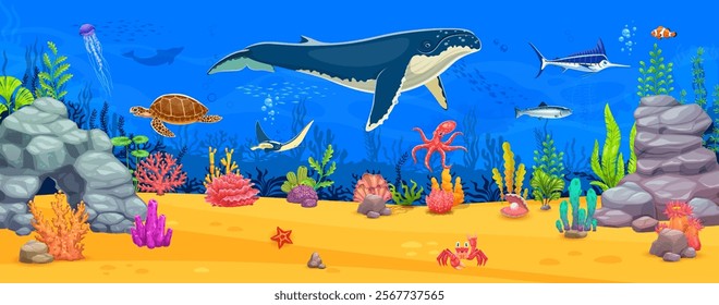 Cartoon underwater landscape with whale, sea animals and fishes, vector background. Undersea with big whale, octopus and turtle or jellyfish with marlin and clownfish of ocean coral reef landscape