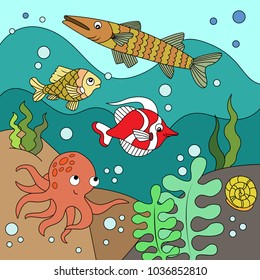 Cartoon underwater life coloring vector illustration. Color image.