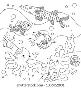 Cartoon underwater life coloring vector illustration. Black and white image.