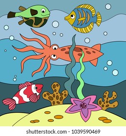 Cartoon underwater life coloring vector illustration. Color image.