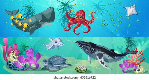 Cartoon underwater life horizontal banners with whales octopus fishes turtle stingray seaweeds and corals vector illustration