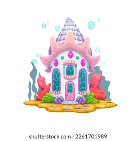 Caricatura bajo el agua de la casa de hadas de sirenas. Hogar vectorial de hechicería en el fondo del océano. La casa submarina de cuento de hadas con techo de caracol de espiral curva. Bonito edificio de fantasía decorado con piedras preciosas