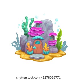 Cartoon underwater mountain rock, fairy house or undersea dwelling, vector marine creature home. Mermaid or coral reef shelter in underwater rock with windows and door in deep ocean water