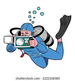 cartoon underwater photographer hand draw vector