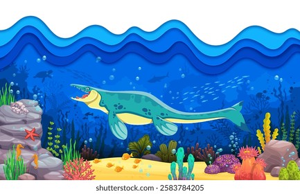 Cartoon underwater prehistoric dinosaur at paper cut waves and sea landscape. Prehistoric underwater life paper cut vector background with ocean extinct tylosaurus dinosaur, seaweeds and fishes