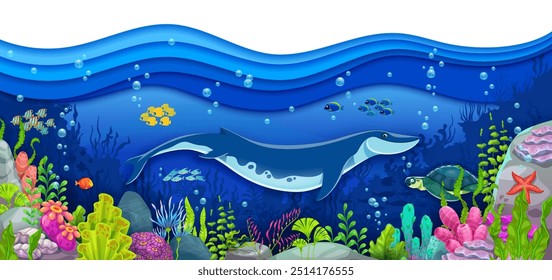 Cartoon underwater prehistoric dinosaurs between seaweeds. Vector paper cut scene with basilosaurus and archelon sea creatures swimming under the ocean 3d waves surrounded by corals and fish schools