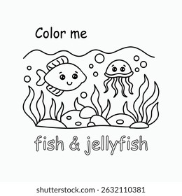 Desenho Animado Subaquático Cena Colorir Página, Dois Peixes, Águas-vivas, Plantas De Mar, Bolhas