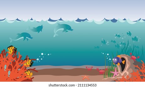 Cartoon underwater scene with coral reef, small cave and fishes.