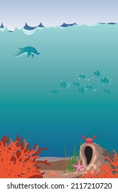 Cartoon underwater scene with coral reef, small cave and fishes.