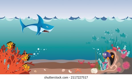 Cartoon underwater scene with coral reef, small cave and fishes.