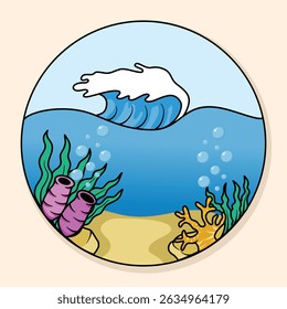 A cartoon underwater scene with a wave, coral, seaweed, and bubbles in a circular frame