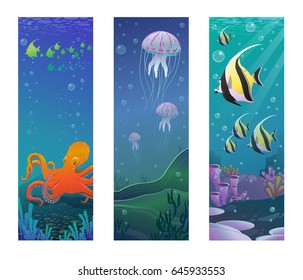 Cartoon underwater sea animals vertical banners with discus fishes octopus jellyfishes corals seaweeds vector illustration