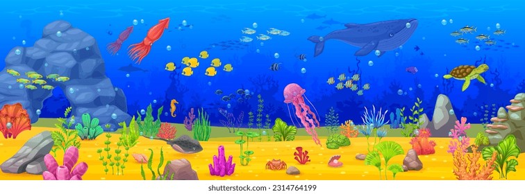 Cartoon underwater sea landscape and animals. Ocean bottom life landscape with fishes shoals, squid and turtle, whale, stingray and seaweed. Seabed seascape or coral reef deep wildlife vector backdrop