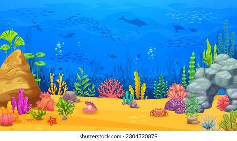 Cartoon underwater sea landscape. Game level vector background of sea, ocean and aquarium bottom scene. Undersea world of blue water waves with fish, corals and seaweeds, dolphins, sea turtles, crab