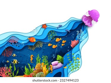 Caricatura bajo el agua del paisaje marino cortada por papel. Pescado de gelatina, calzado de peces y algas marinas escenas vibrantes e imaginativas con un intrincado arte de papel. 3d marco vectorial con mundo submarino y vida marina