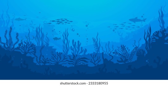 Cartoon underwater sea landscape silhouette with fish shoal and shark in seaweeds, vector background. Undersea or ocean coral reef silhouette landscape with dolphin in deep water of sea bottom
