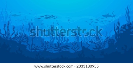 Cartoon underwater sea landscape silhouette with fish shoal and shark in seaweeds, vector background. Undersea or ocean coral reef silhouette landscape with dolphin in deep water of sea bottom