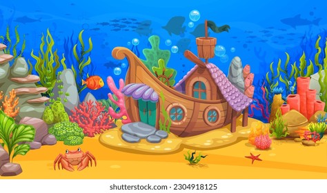 Cartoon underwater sea landscape with sunken boat and seaweeds. Vector background with wooden sail ship house building, aquarium decor, mermaid home, fantasy boat fairytale dwelling, architecture