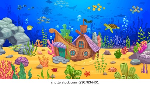 Cartoon underwater sea landscape with sunken boat and seaweeds. Wooden sail ship house building lying on the ocean bottom. Vector aquarium decor, mermaid home, fantasy boat dwelling, fairytale vessel