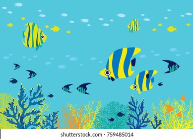 Cartoon underwater sea - school of reef fishes and corals on a blue ocean background. Vector illustration.