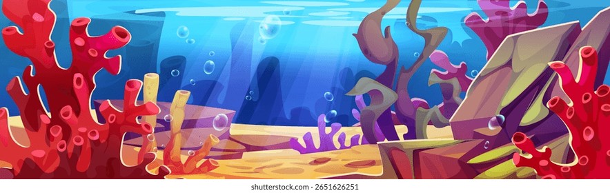 Cena de desenho animado subaquático do fundo do mar com formações de coral vermelho, algas roxas, plantas de alga, fundo do oceano arenoso, bolhas flutuando para cima. Paisagem marinha vibrante com raios de sol para o jogo de aquário bg.