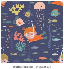 Cartoon underwater seamless pattern with cute baby boy and girl diving with snorkel surrounded by Sea creatures. Hand drawn vector illustration. For kids 