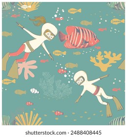 Cartoon underwater seamless pattern with cute boy and girl diving with snorkel surrounded by Sea creatures. Hand drawn vector illustration. For kids 