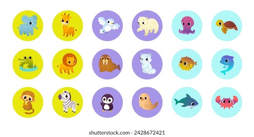Cartoon underwater set of baby animals in circles. Vector bundle of cute wild animals for kids.