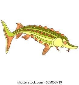 Cartoon underwater sturgeon fish. Colorful book page design for kids and children.