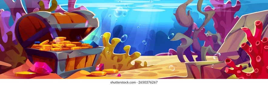 Cartoon underwater treasure scene - open chest with gold coins on seabed surrounded by colorful coral reefs and seaweeds. Ocean floor with bubbles rising through blue water for adventure game bg.