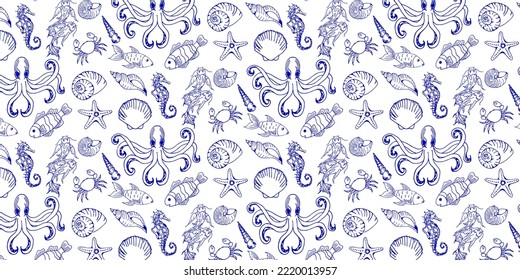Cartoon Underwater Vector Hand Drawn Pattern