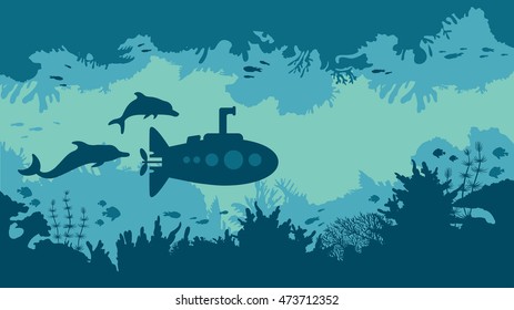 Cartoon underwater vector illustration - silhouette of blue submarine, coral reef and fish. 