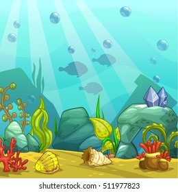 Cartoon underwater vector illustration. Undersea world. Ocean bottom with sand, shells, stones and sea weeds. Aquarium background for game design