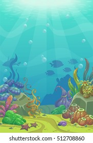 Cartoon Underwater Vector Illustration. Undersea World. Ocean Bottom With Sand, Shells, Stones And Sea Weeds. Aquarium Background For Game Design