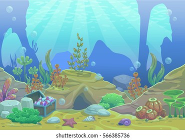 Cartoon underwater vector illustration. Undersea world. Ocean bottom with sand, shells, stones and sea weeds. Aquarium background for game design.