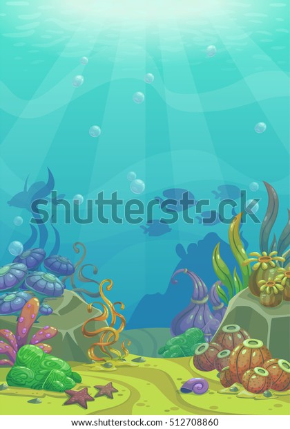 卡通水下矢量插图 海底世界海底沙子 贝壳 石头和海草 水族馆背景游戏设计库存矢量图 免版税