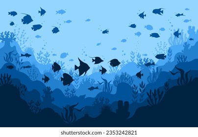 Cartoon underwater view. Ocean or sea landscape with fish, underwater animals and plants flat vector illustration. Coral reef fauna background