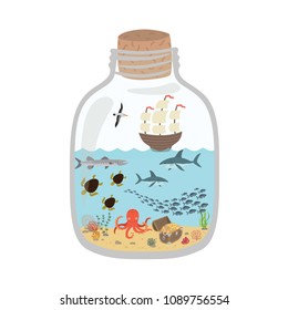 Cartoon underwater world in a bottle, fish, sharks, turtles, octopus, treasure chest, ship.