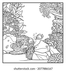 Cartoon underwater world with corals and algae outlined for coloring isolated on white background