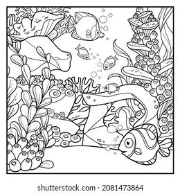 Cartoon underwater world with corals, algae, anemones and fishes outlined for coloring isolated on white background
