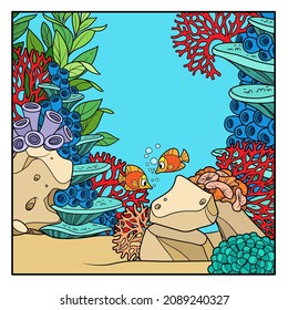 Mundo submarino de dibujos animados con variación de color de corales y algas para la página de color aislada en fondo blanco