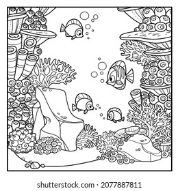 Cartoon underwater world with corals and anemones grow on sandstone outlined for coloring isolated on white background