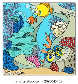 Cartoon underwater world with corals and anemones grow on sandstone arc and fishes outlined color variation isolated on white background