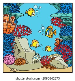 Cartoon underwater world with corals and anemones grow on sandstone color variation for coloring page isolated on white background