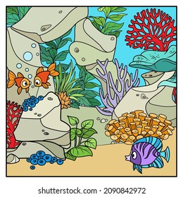 Cartoon underwater world with corals and anemones grow on sandstones and fishes color variation isolated on white background