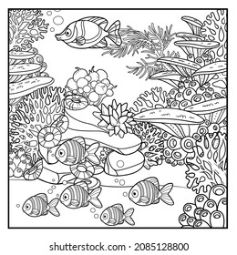 Cartoon underwater world with corals, sponges, anemones and flock fishes outlined for coloring isolated on white background