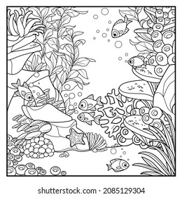 Cartoon underwater world with corals, sponges, algae and little fishes outlined for coloring isolated on white background